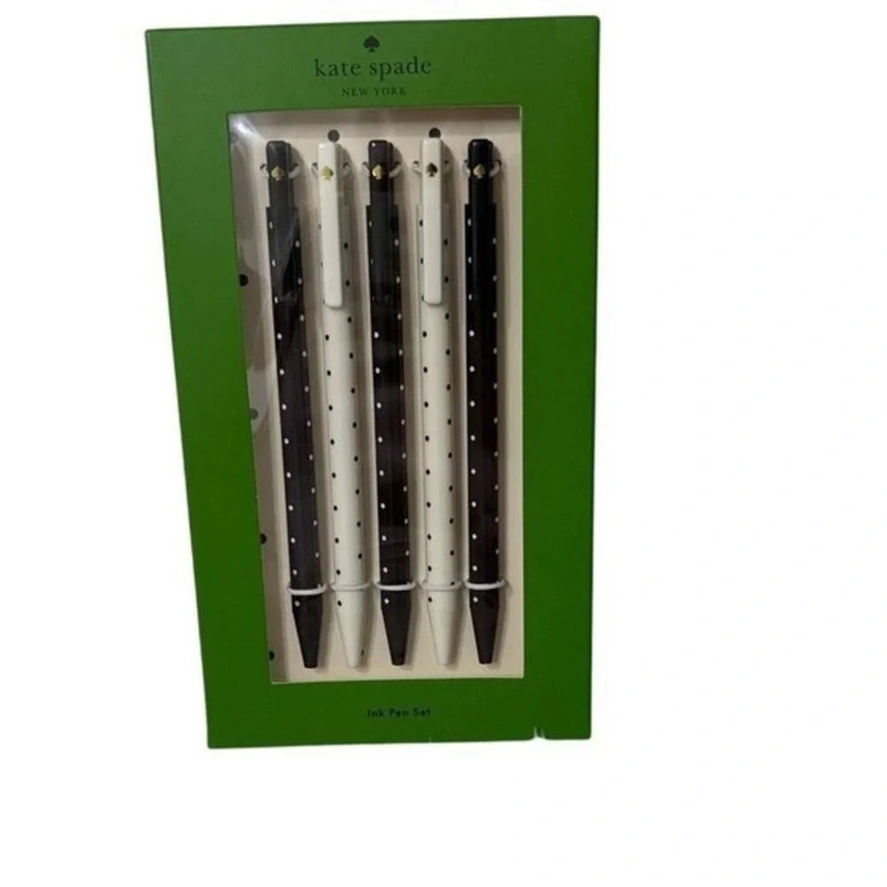 Kate‎ Spade New York Ink Pen Set 5 Pack Black White Polka Dot Gold  Logo NIB